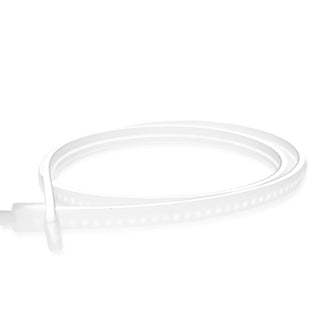 The White IP44/IP66 Neon Flexible LED Light Line (24V) ~ Flex Ultra Slim Series is a coiled ultra slim LED strip with soft, glowing bulbs, shown on a white background.