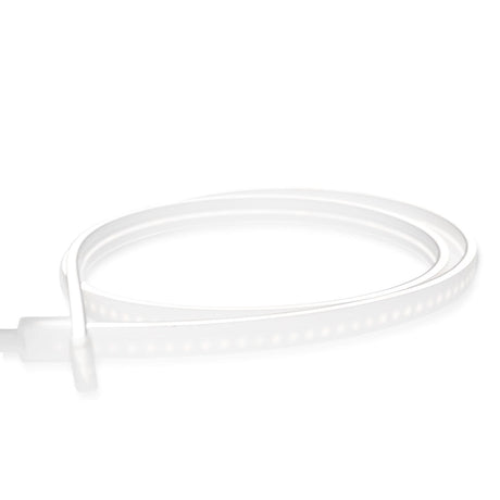 The White IP44/IP66 Neon Flexible LED Light Line (24V) ~ Flex Ultra Slim Series is a coiled ultra slim LED strip with soft, glowing bulbs, shown on a white background.