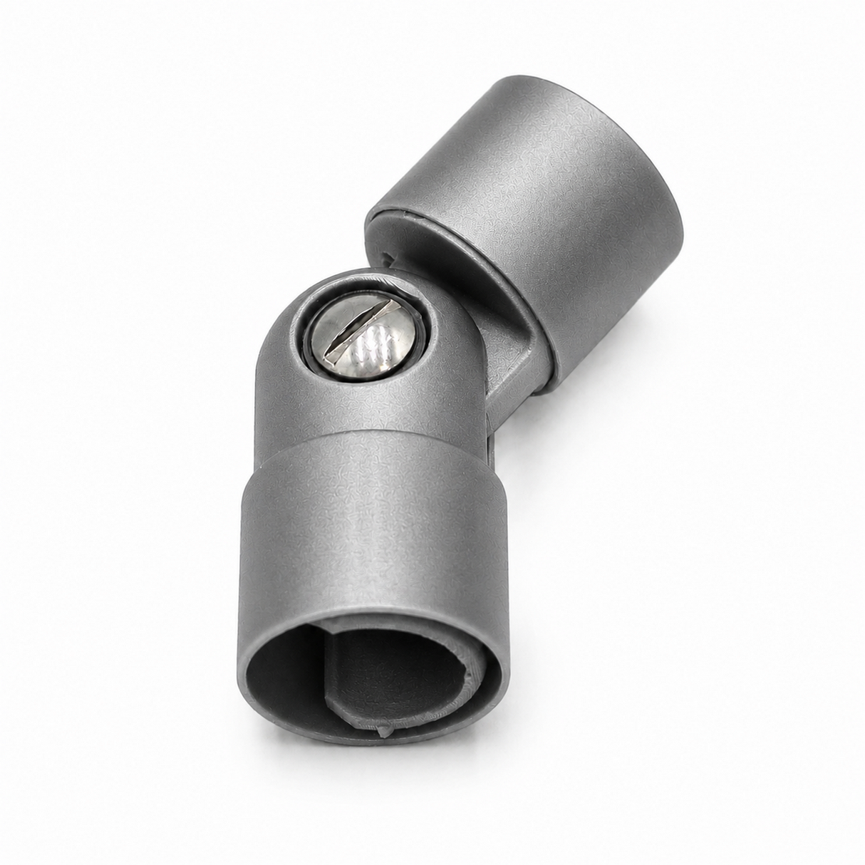 A close-up of a gray metal Hinge for Oslo Mini Profile with a visible screw and hexagonal openings on both ends, set against a white background—ideal as an adjustable lighting connector compatible with diverse setups.