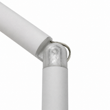 Two white cylindrical objects connected at an angle by a metal wire loop, against a plain white background—this elegant setup features the Hinge for Oslo Mini Profile, an adjustable lighting hinge designed for seamless integration within a diffuser tube system.
