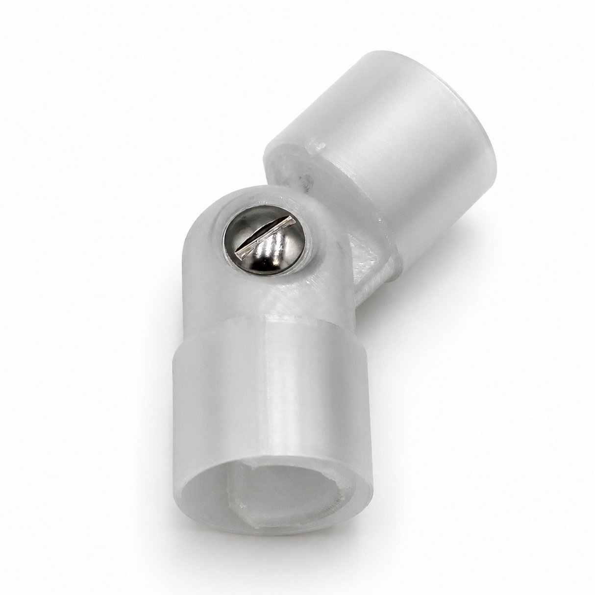 A silver-colored Hinge for Oslo Mini Profile with a visible screw, designed to create angled connections between two shafts or rods—much like an adjustable angle hinge—displayed on a white background.