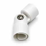 Hinge for Oslo Mini Profile featuring a white plastic swivel joint with a metal screw at the pivot point, designed for attaching tubular parts at an adjustable angle as part of a diffuser tube system, photographed on a plain white background.