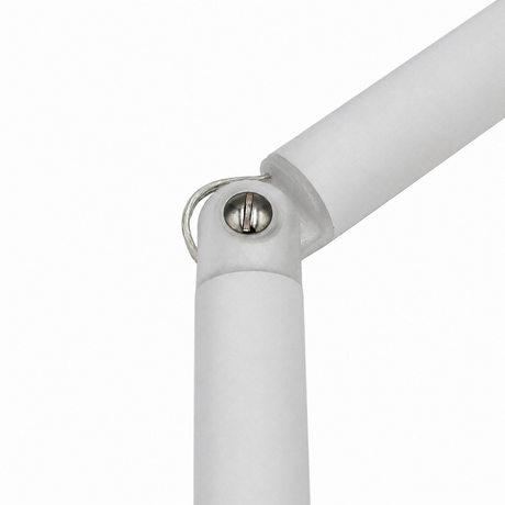 Close-up of the Hinge for Oslo Mini Profile, a white jointed component with an adjustable hinge and metal screw, shown against a white background.