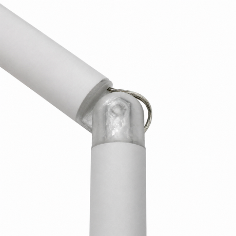 Close-up of two white cylindrical rods joined by a metallic hook at an angle, featuring the Hinge for Oslo Mini Profile against a plain white background.