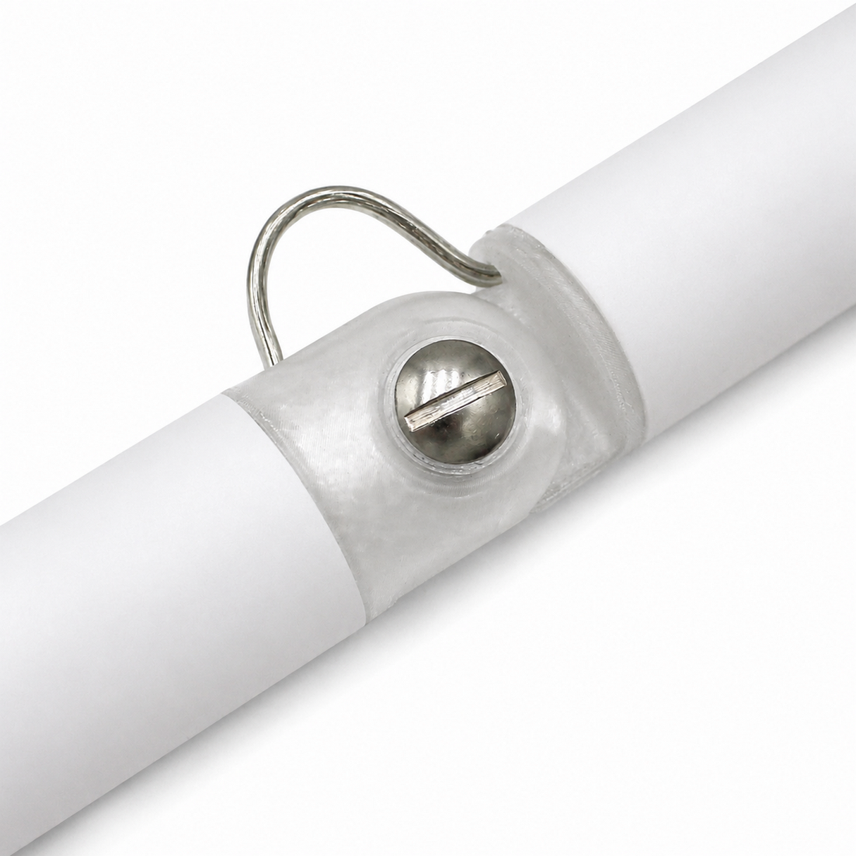 Close-up of a metal screw and wire loop securing two white cylindrical rods in the Hinge for Oslo Mini Profile, featuring a shiny metallic surface against a clean, minimal background.