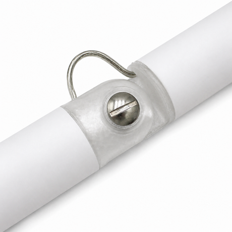 Close-up of a metal screw and wire loop securing two white cylindrical rods in the Hinge for Oslo Mini Profile, featuring a shiny metallic surface against a clean, minimal background.