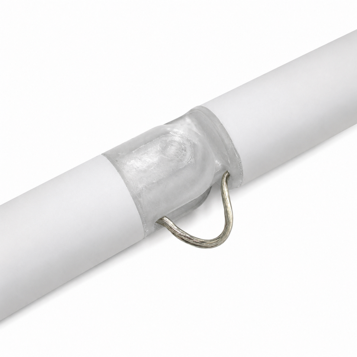 A close-up of the Hinge for Oslo Mini Profile, a white cylindrical component featuring a hooked metal wire extending from its translucent midsection, shown against a white background.