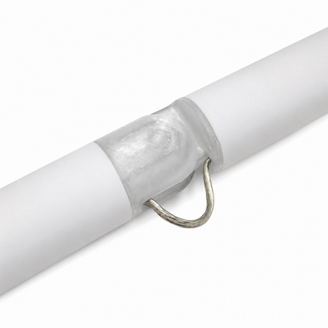 A close-up of the Hinge for Oslo Mini Profile, a white cylindrical component featuring a hooked metal wire extending from its translucent midsection, shown against a white background.
