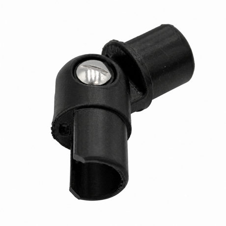 The Hinge for Oslo Mini Profile is a black plastic joint with a visible metal screw, designed to connect cylindrical objects and allow adjustable angles—ideal for lighting hinges or diffuser tube systems.