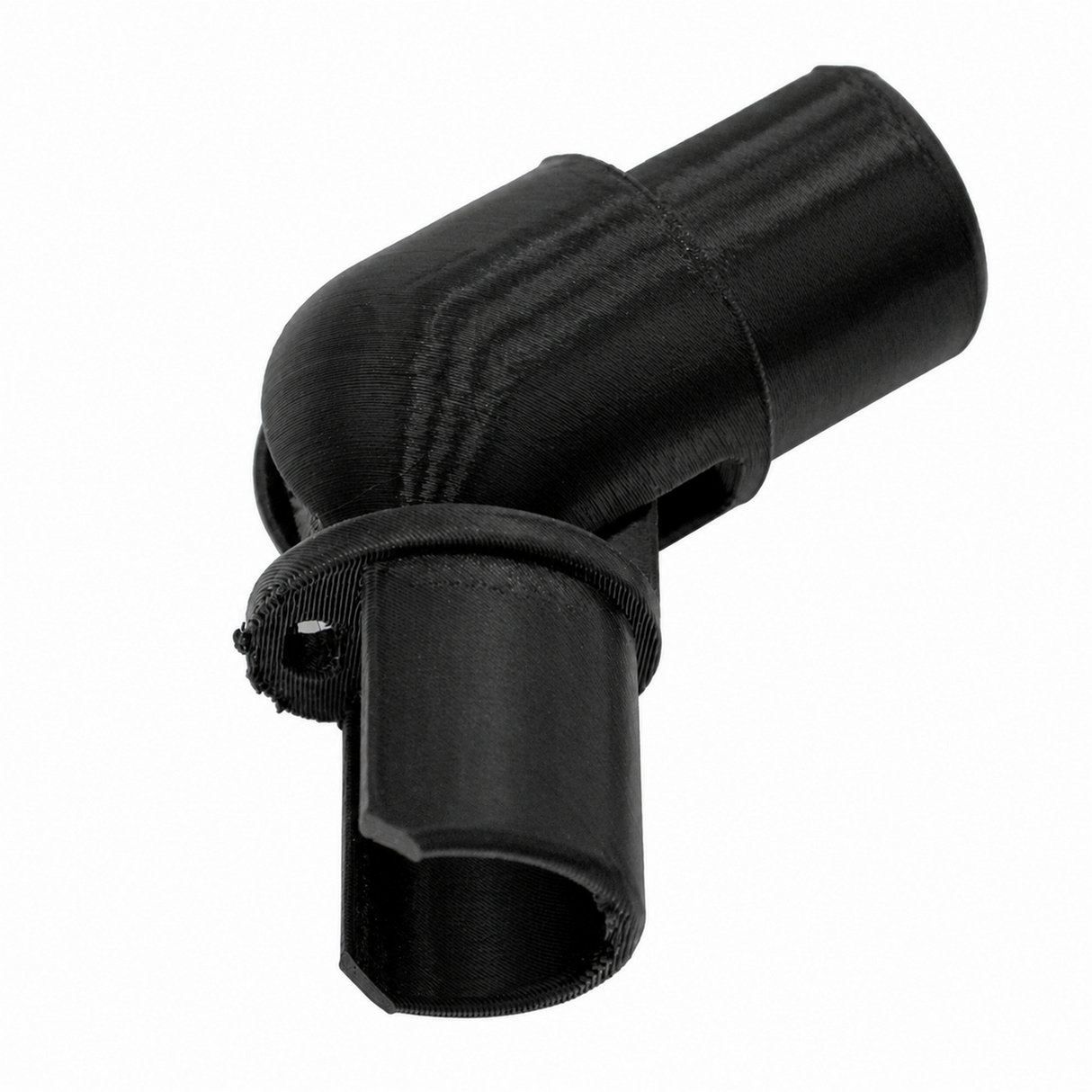 A black plastic Hinge for Oslo Mini Profile, featuring an L-shaped design with smooth surfaces and cylindrical openings at each end, ideal for diffuser tube systems, shown on a white background.