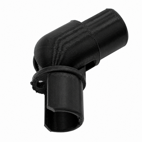A black plastic Hinge for Oslo Mini Profile, featuring an L-shaped design with smooth surfaces and cylindrical openings at each end, ideal for diffuser tube systems, shown on a white background.