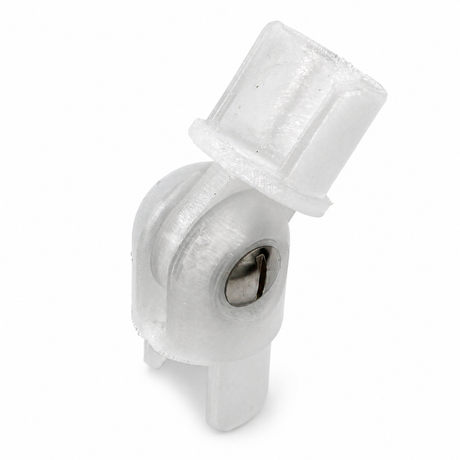 A close-up of a small, translucent white Hinge for Oslo Mini Profile with a cylindrical joint and metal screw, set against a plain white background.