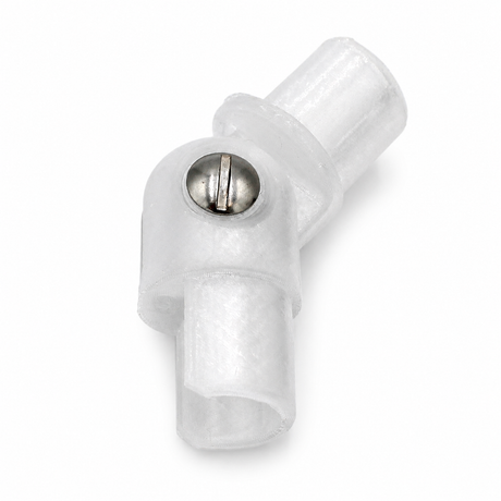 Clear Hinge for Oslo Mini Profile with adjustable joint and metal screw, shown on a white background. Designed for diffuser tube systems, it features two cylindrical ends joined at an angle.