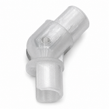 A transparent, 3D-printed plastic "Hinge for Oslo Mini Profile" features two cylindrical ends and an angled elbow design—perfect for diffuser tube systems—shown on a white background.