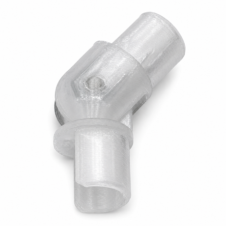 A transparent, 3D-printed plastic "Hinge for Oslo Mini Profile" features two cylindrical ends and an angled elbow design—perfect for diffuser tube systems—shown on a white background.