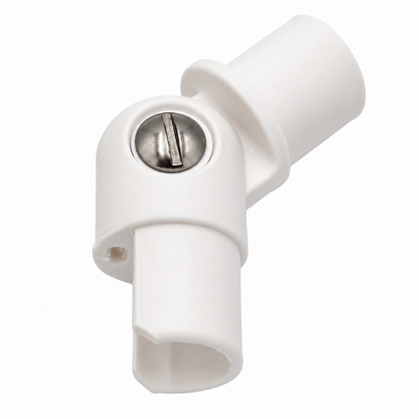 The Hinge for Oslo Mini Profile is a white plastic adjustable connector with a metal screw, designed to join two tubular parts at various angles—ideal for diffuser tube systems and compatible with OSLO MINI HINGE setups.