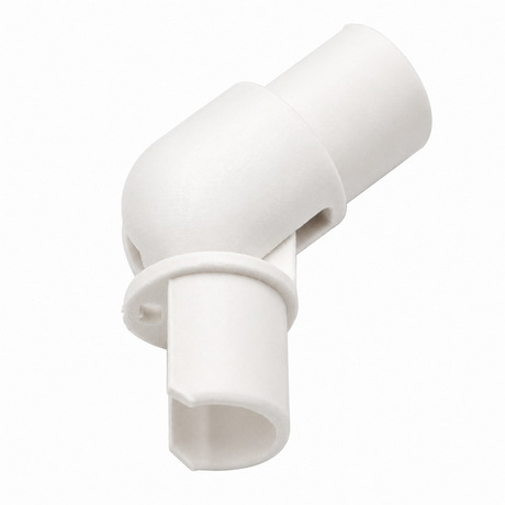 The Hinge for Oslo Mini Profile is a white plastic connector with a 90-degree bend, perfect for joining two cylindrical tubes at an angle in diffuser tube systems.
