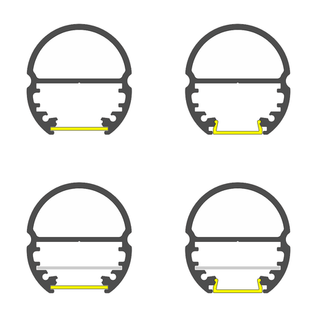A diagram displays four cross-sections of the 1.1" Oval Wardrobe Rail Lighting LED Channel (Model Oval20), each highlighting different internal yellow sections to illustrate various structural configurations.