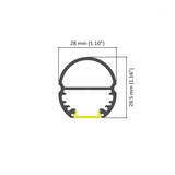 Technical drawing of the 1.1" Oval Wardrobe Rail Lighting LED Channel (Model Oval20), featuring a 28 mm wide x 29.5 mm tall circular cross-section with a highlighted yellow segment at the bottom—perfect for wardrobe LED lighting.