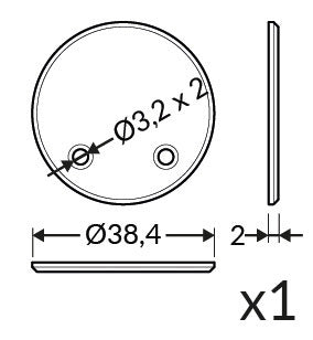 Technical drawing of the Extension Arm End Cap for Oval20 Profile: aluminum round disk, 38.4 mm diameter, 2 mm thick, with two 3.2 mm holes; quantity: one.