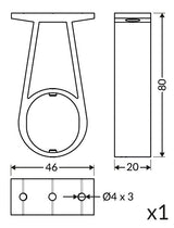 Line drawing of Extension Arm for Oval20 Profile, aluminum construction, circular base with 3 holes (4 mm each), rectangular top; dimensions: 80 cm height, 46 cm width, 20 cm depth. Quantity: 1.