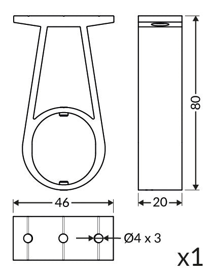 Line drawing of Extension Arm for Oval20 Profile, aluminum construction, circular base with 3 holes (4 mm each), rectangular top; dimensions: 80 cm height, 46 cm width, 20 cm depth. Quantity: 1.