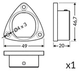Technical drawing of Holder for Oval20 Profile—aluminum, triangular mounting flange with three 4 mm holes; dimensions: 49 mm wide, 46.7 mm tall, 20 mm deep. Includes side and front views with measurements; quantity: x1.