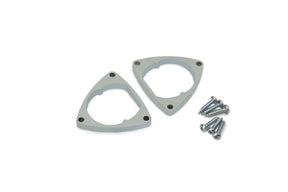 Two zinc-coated steel Simple Holders for Oval20 Profile, shaped as triangular brackets with rounded cutouts, are shown next to a small pile of silver screws on a white background.