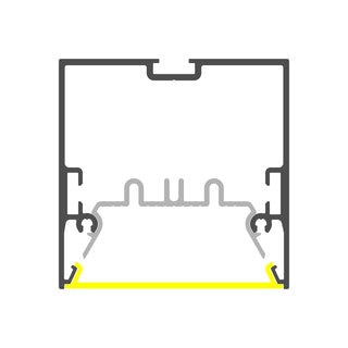 Cross-section diagram of the 2 Suspended/Surface Mount Ceiling LED Strip Channel (Model Phil.v2) shows a rectangular aluminum profile with black outline, yellow-highlighted base, and visible gray grooves—ideal for commercial lighting.