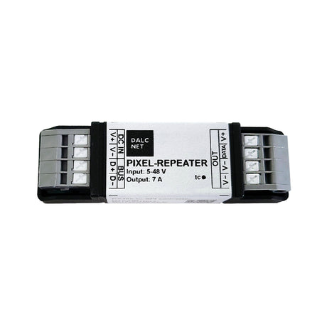The RS485 to SPI Repeater for Digital LED Strips (Model PIXEL-REPEATER) features 5–48V input, 7A output, addressable LED support, labeled screw terminals on both sides, and printed specs on the front label.