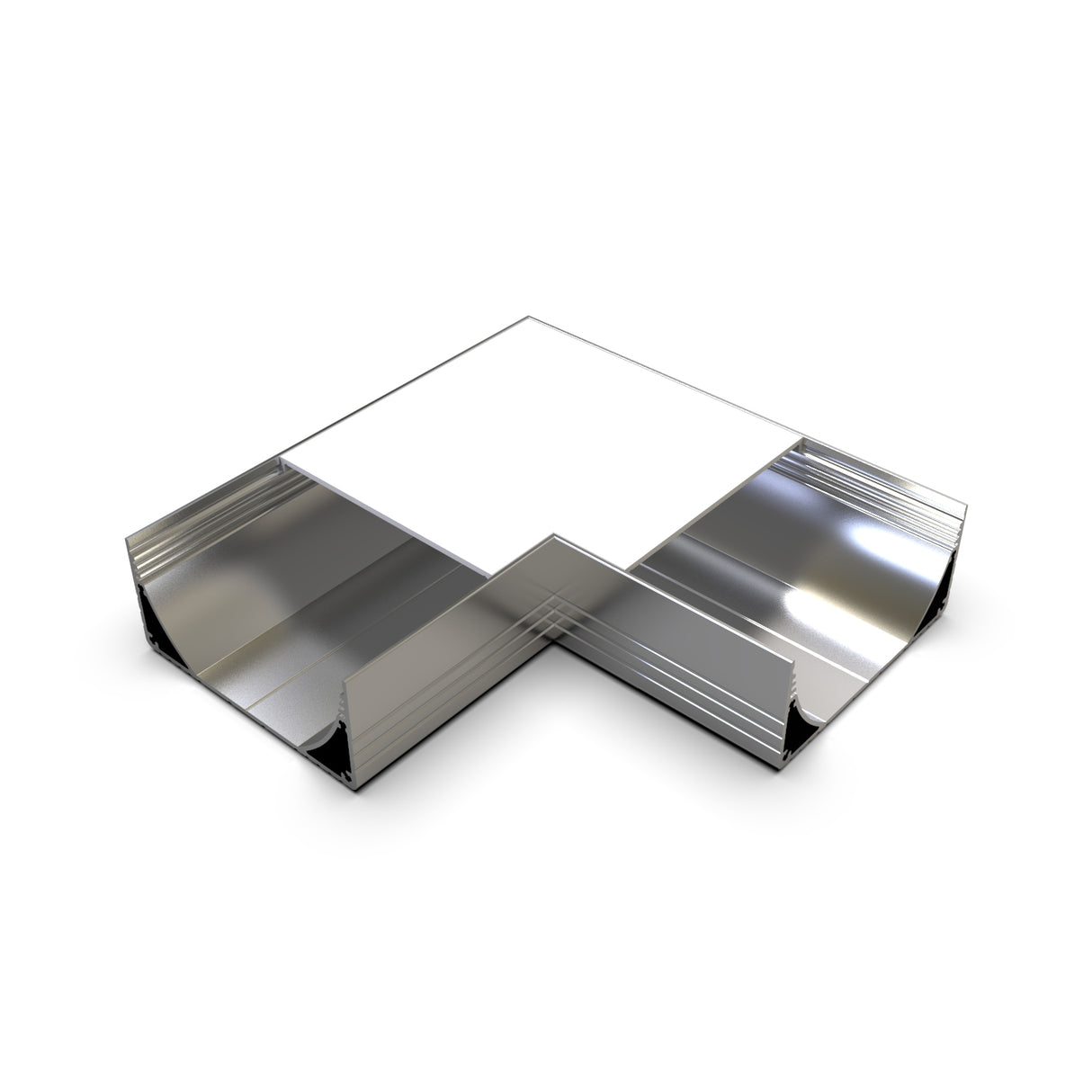 A shiny, metallic 90 Degree Connector for PLW80N Profile with three open rectangular ends in a T-shape, shown on a white background.