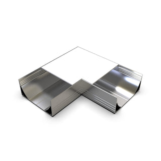 A shiny, metallic 90 Degree Connector for PLW80N Profile with three open rectangular ends in a T-shape, shown on a white background.