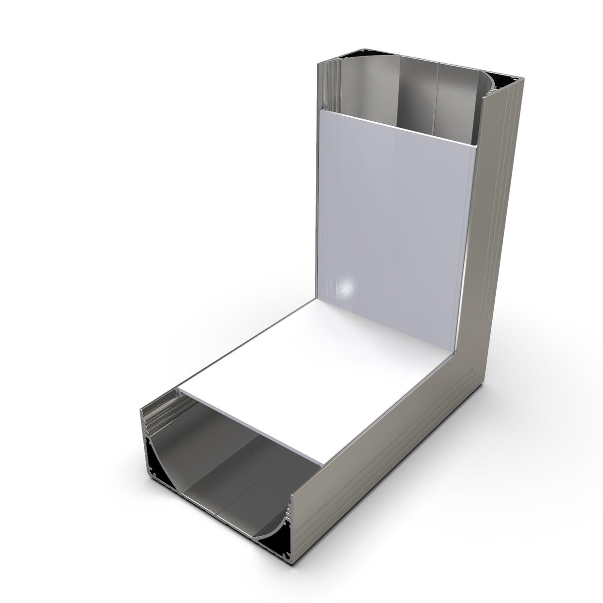 A 3D-rendered image of a 90 Degree Connector for the PLW80N Profile, showing an aluminum rectangular ventilation duct with a smooth, clean interior and open ends.