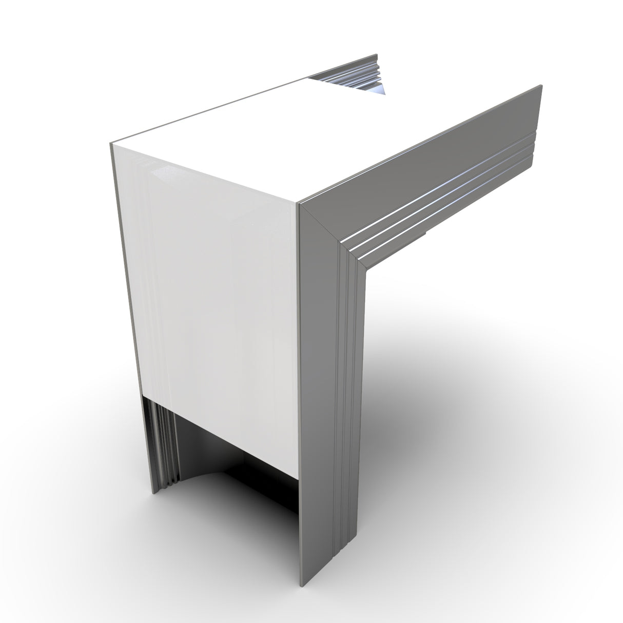 A modern table inspired by the PLW80N Profile, featuring a glossy white top, sleek silver sides, and geometric design. Supported by two broad legs joined with a 90 Degree Connector for the PLW80N Profile.