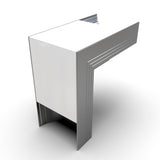 A modern table inspired by the PLW80N Profile, featuring a glossy white top, sleek silver sides, and geometric design. Supported by two broad legs joined with a 90 Degree Connector for the PLW80N Profile.