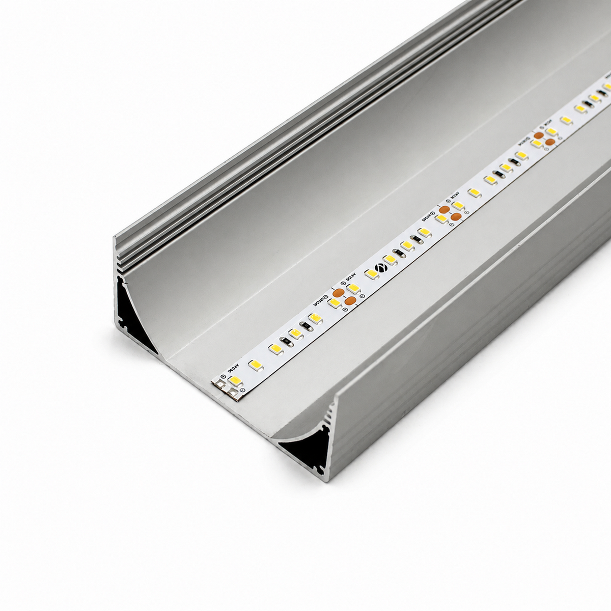 A close-up of the 3.15″ Surface Mount LED Strip Channel (Model PLW80N), made from anodized aluminum, with an LED strip mounted inside and featuring a DOT FREE frosted diffuser, shown on a white background.