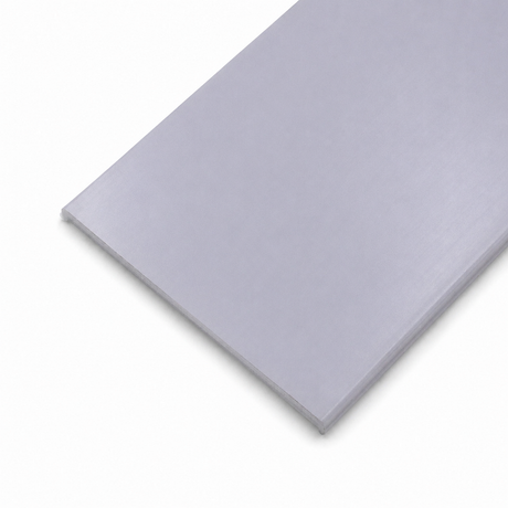A rectangular, flat, light gray metal sheet—Diffuser for PLW80N, RPLW80, RPLW80-FL, Alu-Triangle series profiles—is displayed on a white background. The photograph is taken at an angle to highlight its thin edge and smooth surface. This diffuser is ideal for use in applications that require a quality finish with the PLW80N and compatible profiles.