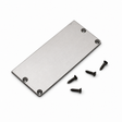 An aluminum end cap for the PLW80N LED profile, without a cable hole, featuring four corner holes, is positioned beside four black screws on a white background.
