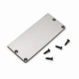 An aluminum end cap for the PLW80N LED profile, without a cable hole, featuring four corner holes, is positioned beside four black screws on a white background.