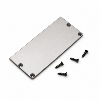 An aluminum end cap for the PLW80N LED profile, without a cable hole, featuring four corner holes, is positioned beside four black screws on a white background.