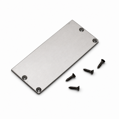 An aluminum end cap for the PLW80N LED profile, without a cable hole, featuring four corner holes, is positioned beside four black screws on a white background.