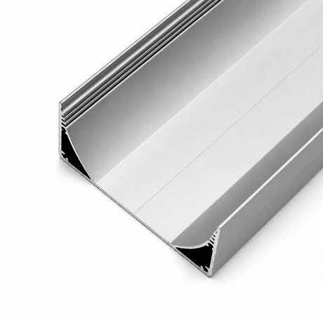 A close-up of the 3.15″ Surface Mount LED Strip Channel (Model PLW80N), crafted from silver, rectangular anodized aluminum with a hollow center, smooth surfaces, and sharp edges, is displayed on a white background. This versatile profile is designed for use as a surface mount LED strip channel and can accommodate an LED DOT FREE frosted diffuser to ensure uniform illumination.