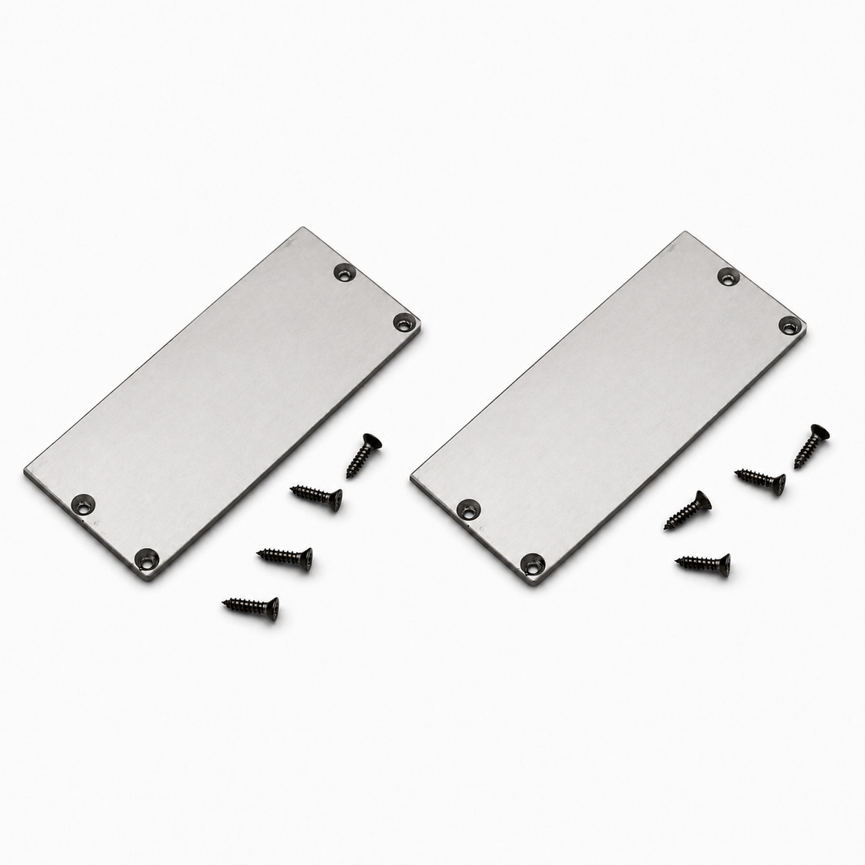 Two Aluminum end caps for PLW80N LED profile w/out cable hole, each with four screw holes, are positioned side by side on a white surface. Eight black screws are scattered nearby, with four placed near each end cap.
