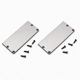 Two Aluminum end caps for PLW80N LED profile w/out cable hole, each with four screw holes, are positioned side by side on a white surface. Eight black screws are scattered nearby, with four placed near each end cap.