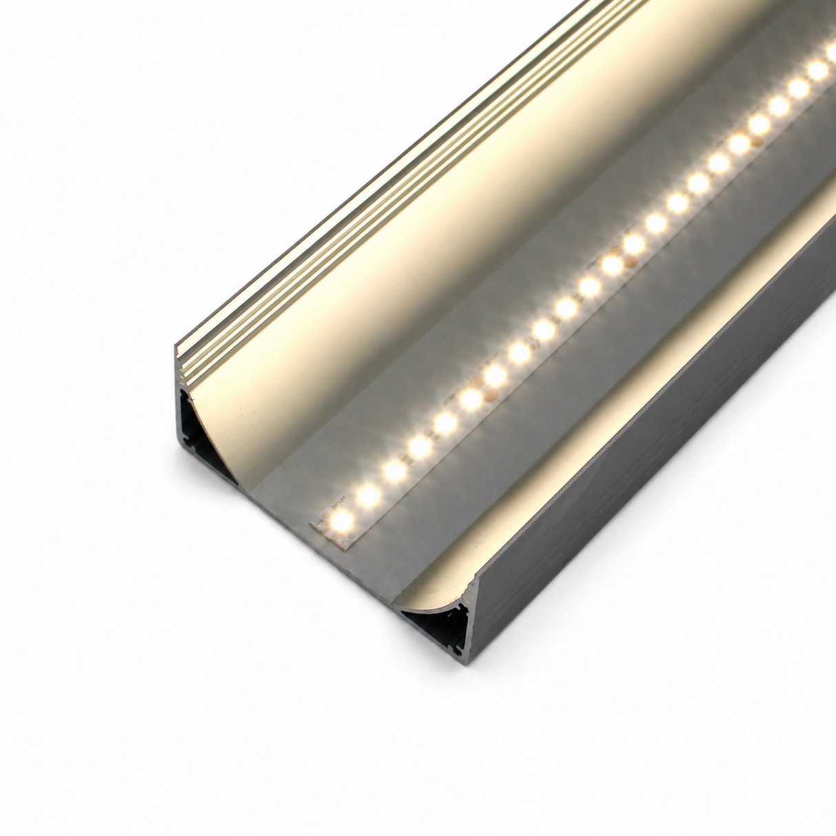 A close-up of the 3.15″ Surface Mount LED Strip Channel (Model PLW80N) showcases glowing white lights embedded in an anodized aluminum profile and paired with an LED DOT FREE frosted diffuser, isolated on a white background. The rectangular housing is specially designed for surface mounting, providing both durability and seamless illumination.