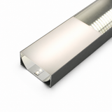 A close-up of a modern rectangular LED light fixture with a metallic frame and a frosted diffuser cover, designed for the Alu-Triangle series profiles and compatible with PLW80N, RPLW80, and RPLW80-FL, emitting a soft, diffused white light.