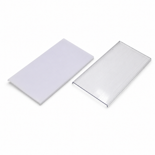 Two rectangular plastic sheets designed as diffusers for PLW80N, RPLW80, RPLW80-FL, and Alu-Triangle series profiles are displayed on a white background—one with a solid white, opaque finish serving as a diffuser and the other with a transparent surface allowing clear visibility through it.
