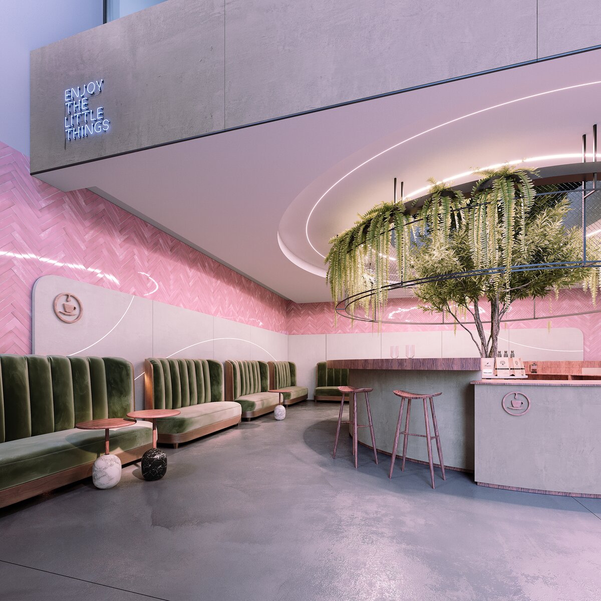 Modern cafe interior with pink herringbone walls, green velvet booth seating, and a round bar. Curved 0.8 Bendable Drywall LED Lighting Channel (Model Klus KOZMA-BD) highlights the greenery and neon sign for a bright, airy ambiance.