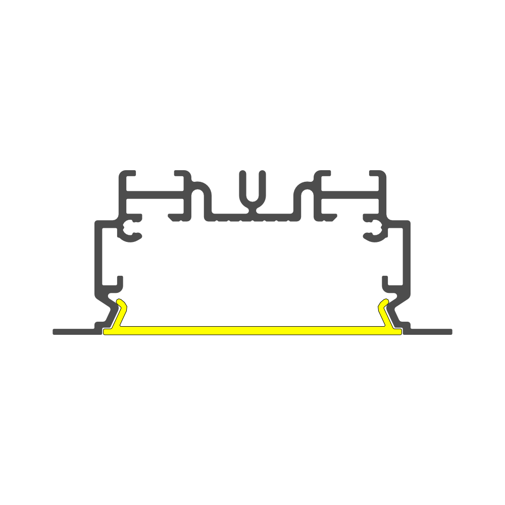 A technical drawing shows a cross-section of the 2" Recessed Easy-Mounting LED Strip Channel (Model Phil.v2 Recessed) with a yellow-highlighted base, ideal for recessed LED strip installation, on a white background.