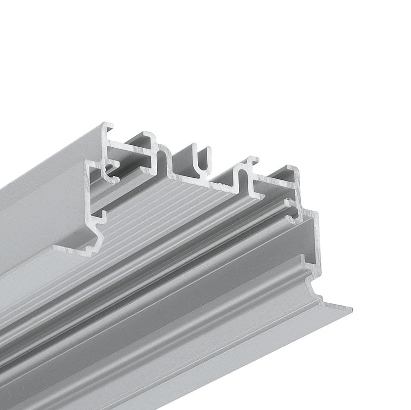 A close-up of the 2" Recessed Easy-Mounting LED Strip Channel (Model Phil.v2 Recessed), a silver aluminum profile with multiple channels, ideal for construction, framing, modular assemblies, or recessed seamless LED strip installations.